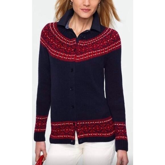Talbot Lambswool Lambs Wool Fair Isle Cardigan Sweater Medium Navy Blue Nordic - Picture 2 of 7